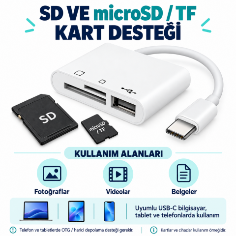 Usb Type C To SD Micro SD TF Kart Okuyucu ve USB Çevirici 3 in 1 Dönüştürücü Adaptör 5232