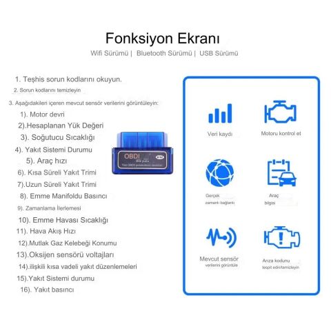 V2.1 OBDII OBD2 Mini Bluetooth Android Oto Arıza Tespit Cihazı Motor Devri Yakıt Sistemi