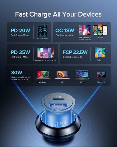 60W Araç Hızlı Şarj Cihazı QC 3.0 5A PD USB + Type C Araç Şarj Aleti