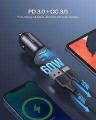 60W Araç Hızlı Şarj Cihazı QC 3.0 5A PD USB + Type C Araç Şarj Aleti
