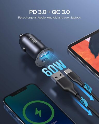 60W Araç Hızlı Şarj Cihazı QC 3.0 5A PD USB + Type C Araç Şarj Aleti