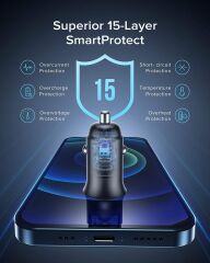 60W Araç Hızlı Şarj Cihazı QC 3.0 5A PD USB + Type C Araç Şarj Aleti