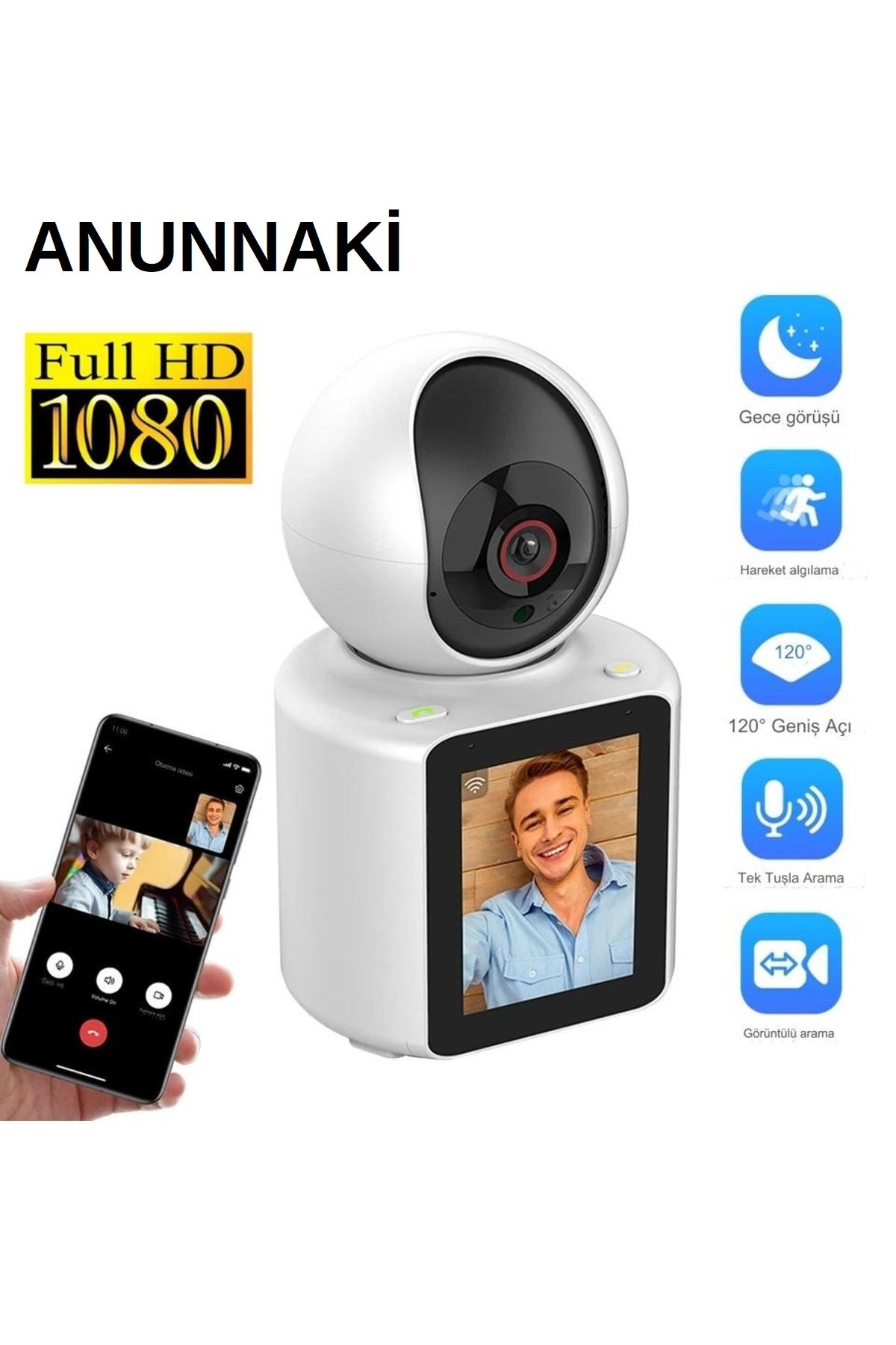 Ekranlı Görüntülü Görüşme Sağlayan Akıllı Kamera Ev-İşyeri-Ofis-Bebek-Yaşlı Hasta Kamerası 1080P