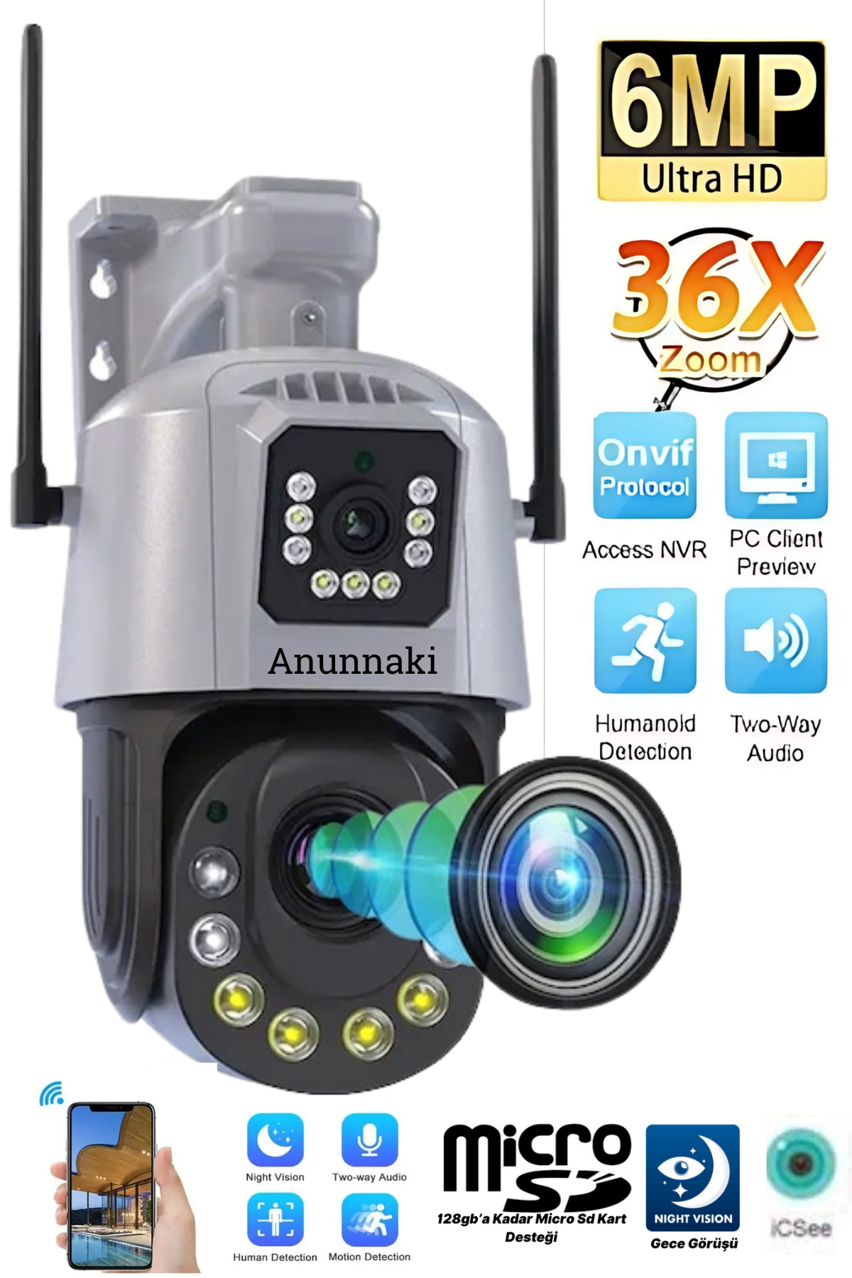 4K WiFi Güvenlik Kamerası – 36x Optik Zoom, Çift Lens, Gece Görüşlü, Alarmlı, Motorize Odaklama