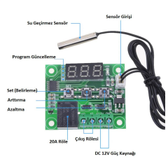 W1209 Dijital Termostat Sıcaklık Kumandası DC 12V Regülatörü Termoregülatör Kuluçka NTC Sensörü