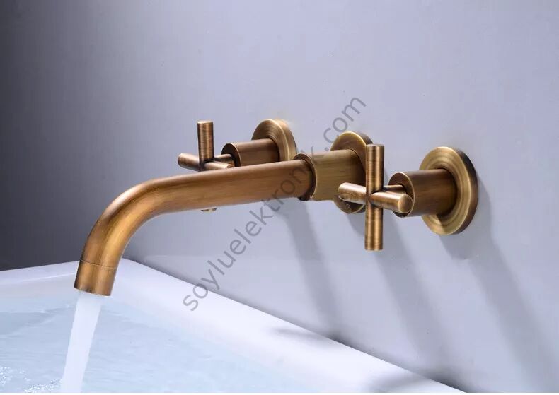 Duvara Ankastre Gizli Çift Delikli İki Saplı Antık Lavabo Bataryası