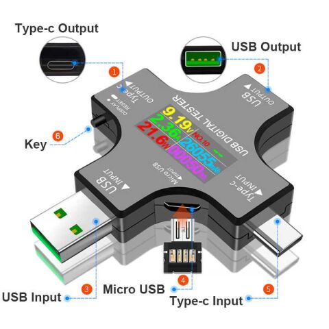 USB 3.0 Type-C DC Dijital Volt-Ampermetre Gerilim Akım Ölçüm Aleti