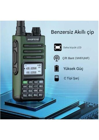 UV-13 Pro Yeşil Su Geçirmez Uzun Mesafe 10W Çift Bantlı Type-C Şarj Telsiz Kulaklık Hediyeli