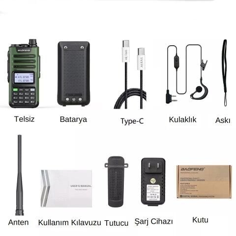 UV-13 Pro Yeşil Su Geçirmez Uzun Mesafe 10W Çift Bantlı Type-C Şarj Telsiz Kulaklık Hediyeli