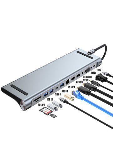 11in1 Çoklayıcı Type-C 3.1 To 4K Hdmi Vga Usb-C Ethernet USB Çoklayıcı SD Kart Okuyucu Çevirici Hub