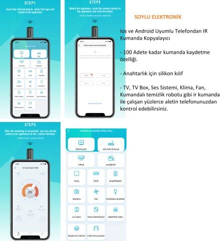 Akıllı Telefon IR Kumanda Kopyalayıcı Adaptörü ios Android Klima TV Kamera Ses Sistemi Kumandası