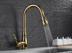 Altın Krom 360 Derece Döner Spiral Başıklı Spray Modlu Mutfak Lavabo Evye Bataryası