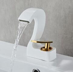 Gold Beyaz Güverte Monte Tek Delik Şelale Havza Banyo Lavabo Musluğu Sıcak ve Soğuk