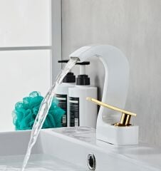 Gold Beyaz Güverte Monte Tek Delik Şelale Havza Banyo Lavabo Musluğu Sıcak ve Soğuk