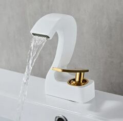 Gold Beyaz Güverte Monte Tek Delik Şelale Havza Banyo Lavabo Musluğu Sıcak ve Soğuk