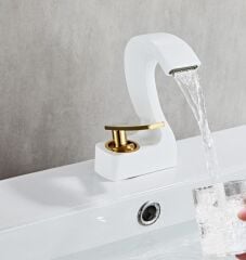 Gold Beyaz Güverte Monte Tek Delik Şelale Havza Banyo Lavabo Musluğu Sıcak ve Soğuk