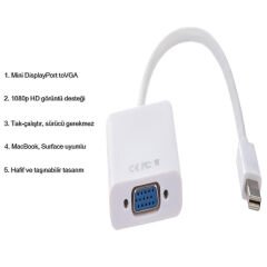 MiniDP Mini DisplayPort To VGA Dönüştürücü Çevirici Adaptör Mini Display Port'dan Vga'ya