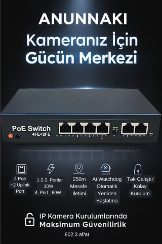 4 Port PoE + 2 Uplink 10/100 Switch (AN-1024MN) 60W AI Watchdog IP Kamera NVR Unmanaged PoE Switch