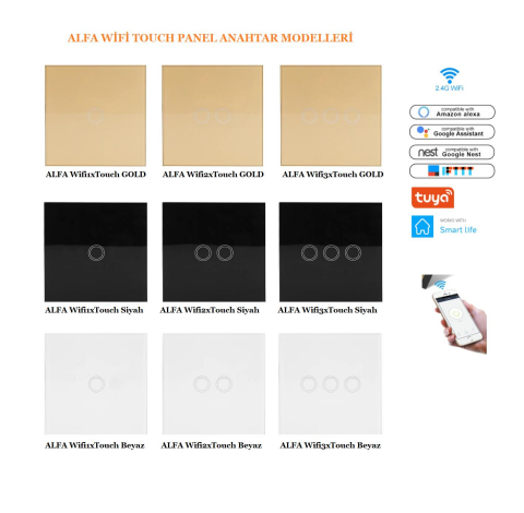 ALFA Wifi3xTouch Siyah Wifi Kristal Led Panel Üç Tuşlu Dokunmatik Anahtar Duvar Işık Komütatör