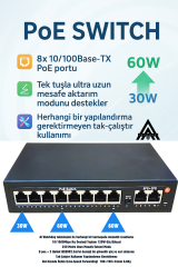 Anunnaki AN1028MN 8 Port PoE Switch | 120W | 2 Uplink | 250m Extend | IP Kamera Uyumlu AI Watchdog