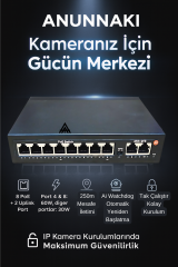 Anunnaki AN1028MN 8 Port PoE Switch | 120W | 2 Uplink | 250m Extend | IP Kamera Uyumlu AI Watchdog