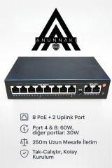 Anunnaki AN1028MN 8 Port PoE Switch | 120W | 2 Uplink | 250m Extend | IP Kamera Uyumlu AI Watchdog