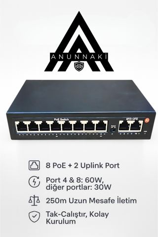 Anunnaki AN1028MN 8 Port PoE Switch | 120W | 2 Uplink | 250m Extend | IP Kamera Uyumlu AI Watchdog