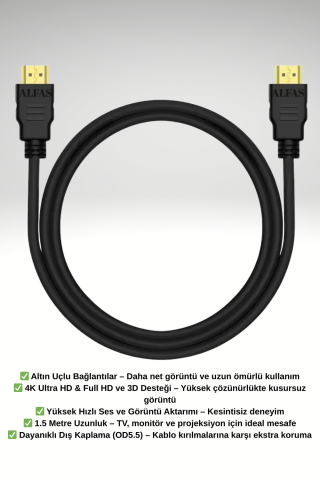 Alfas 1.5 Metre HDMI Kablo | Altın Uçlu | 4K Ultra HD 60Hz Full HD V1.4 3D Destekli 1.5m Hdmi Kablo