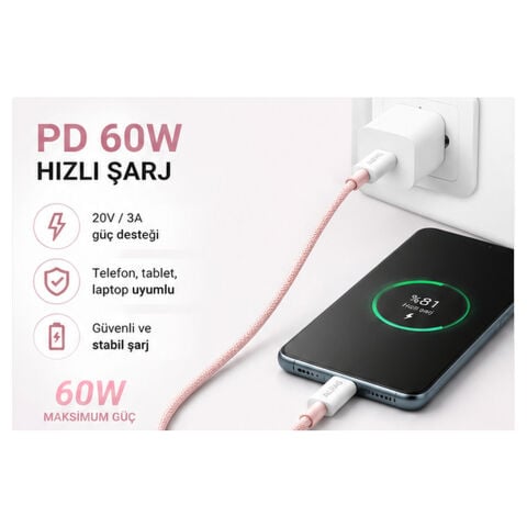 Type-C Şarj Kablosu 1m PD 60W 3A 1Gbps Hızlı Şarj & Data Transfer Usb-c Iphone Android Örgülü Kablo