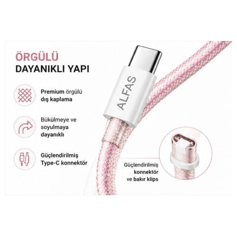 Type-C Şarj Kablosu 1m PD 60W 3A 1Gbps Hızlı Şarj & Data Transfer Usb-c Iphone Android Örgülü Kablo