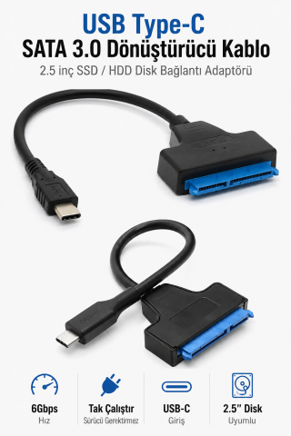 USB Type-C SATA 3.0 Dönüştürücü Kablo | 2.5inç SSD HDD Disk Bağlantı Adaptörü 6Gbps Tak-Çalıştır