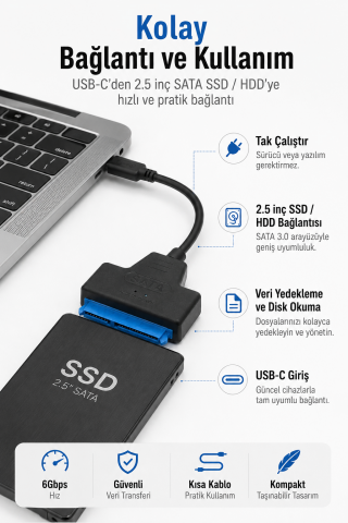 USB Type-C SATA 3.0 Dönüştürücü Kablo | 2.5inç SSD HDD Disk Bağlantı Adaptörü 6Gbps Tak-Çalıştır