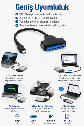 USB Type-C SATA 3.0 Dönüştürücü Kablo | 2.5inç SSD HDD Disk Bağlantı Adaptörü 6Gbps Tak-Çalıştır
