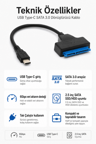 USB Type-C SATA 3.0 Dönüştürücü Kablo | 2.5inç SSD HDD Disk Bağlantı Adaptörü 6Gbps Tak-Çalıştır