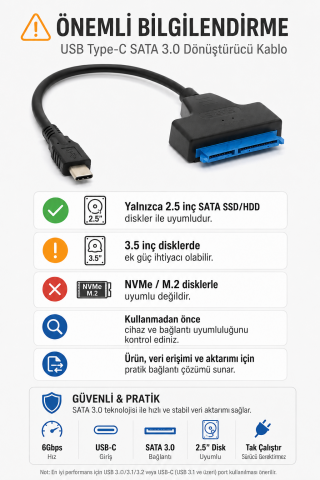 USB Type-C SATA 3.0 Dönüştürücü Kablo | 2.5inç SSD HDD Disk Bağlantı Adaptörü 6Gbps Tak-Çalıştır