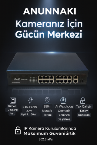 Anunnaki 10316KE 16+2+1 Port Gigabit Poe Switch 16FE+2GE+1SFP IP Kamera Network Poe Gigabit Switch