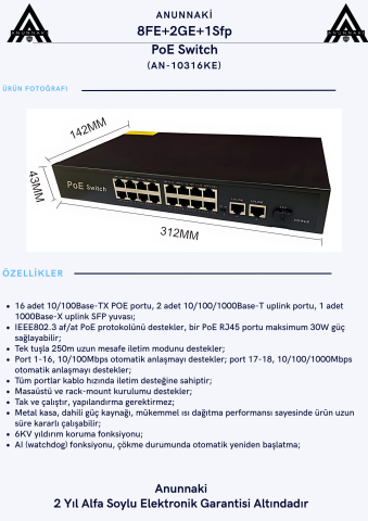Anunnaki 10316KE 16+2+1 Port Gigabit Poe Switch 16FE+2GE+1SFP IP Kamera Network Poe Gigabit Switch