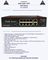 Anunnaki 3038GE 8 Port Gigabit PoE Switch 22Gbps, 120W Güç 2 Uplink+SFP AI Watchdog VLAN