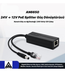 AN6650 PoE Splitter Adaptör 24V to 12V Gigabit Ethernet IP Kamera NVR Modem Access Point Dönüştürücü