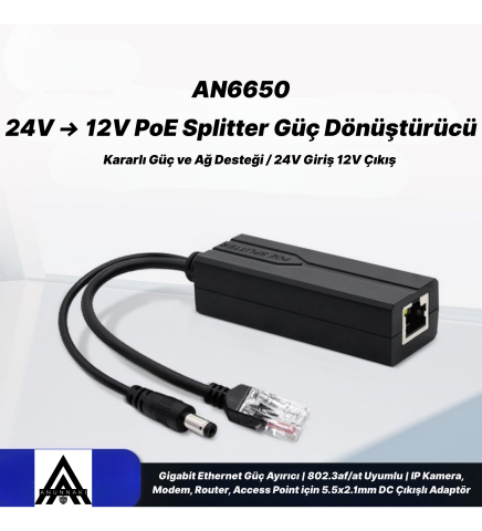 AN6650 PoE Splitter Adaptör 24V to 12V Gigabit Ethernet IP Kamera NVR Modem Access Point Dönüştürücü